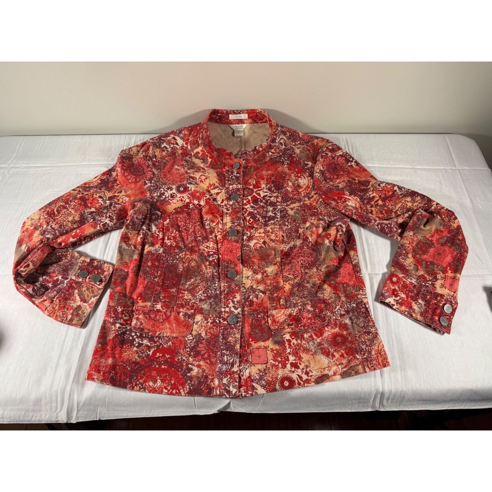 Christopher & Banks Red Orange Paisley Floral Button Front Stretch Jacket Large